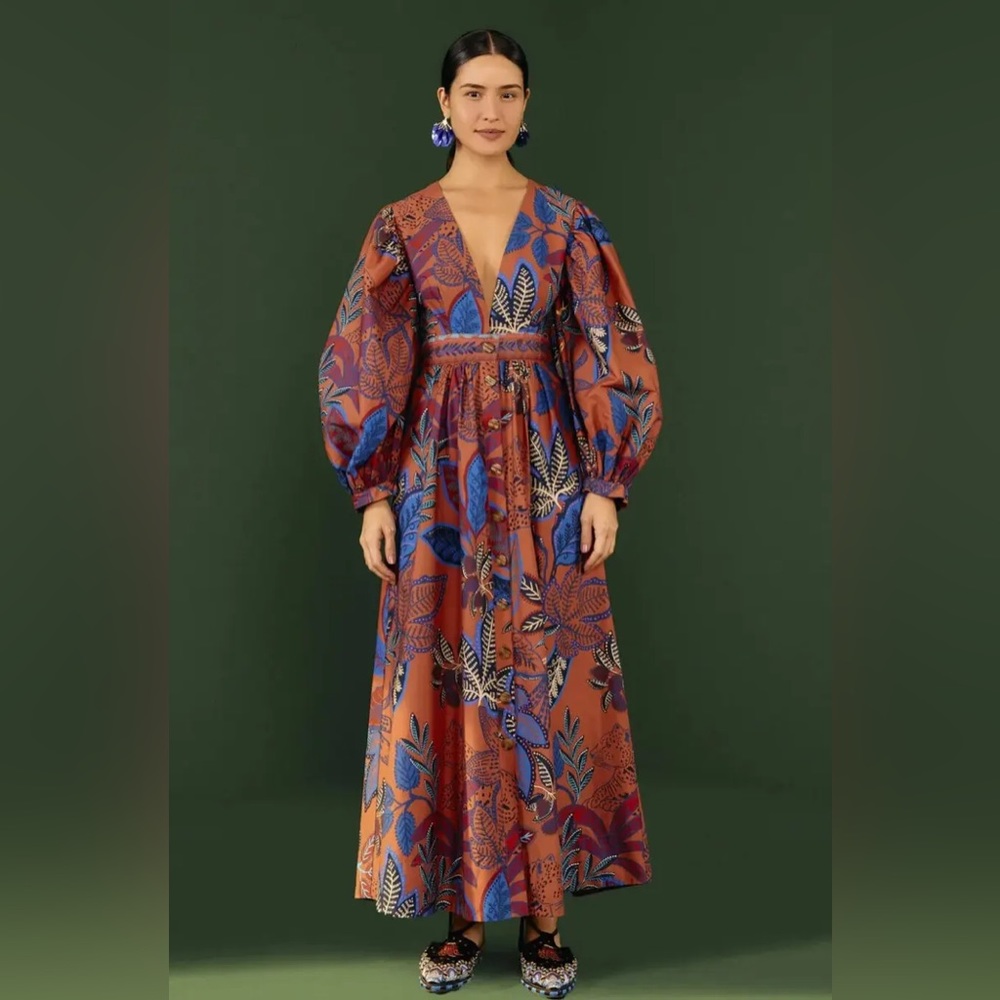Farm Rio Anthropologie Wild Jungle Brown Maxi Dress Puff Sleeve Deep V Neckline